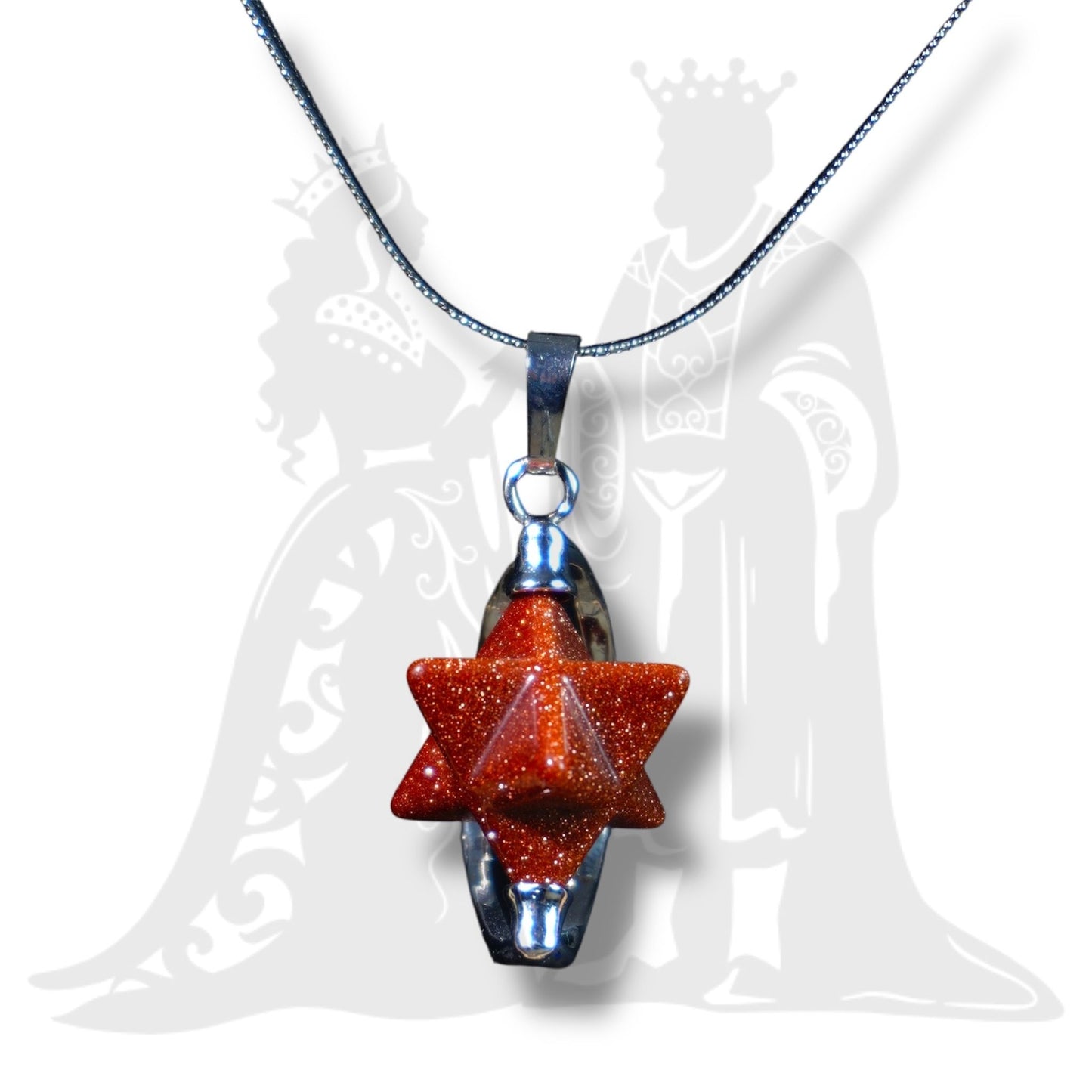 Merkaba medál fémmel Szintetikus Napkő vörös 2x3cm